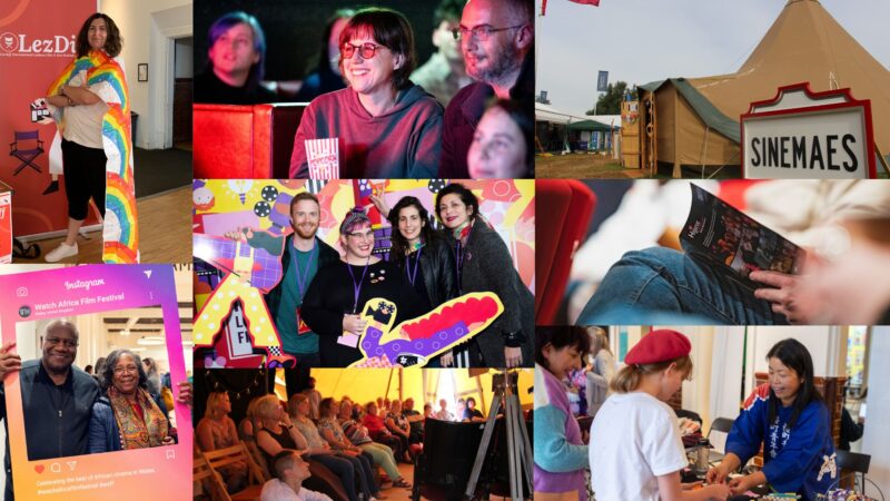 The image is a collage of various scenes from Welsh film festivals, it shows groups of people watching films and participating in festival events, reading festival programs, and engaging in activities. There is also the “Sinemaes” tent, a person wrapped in a rainbow flag, and a couple holding a pink Instagram frame prop, smiling.